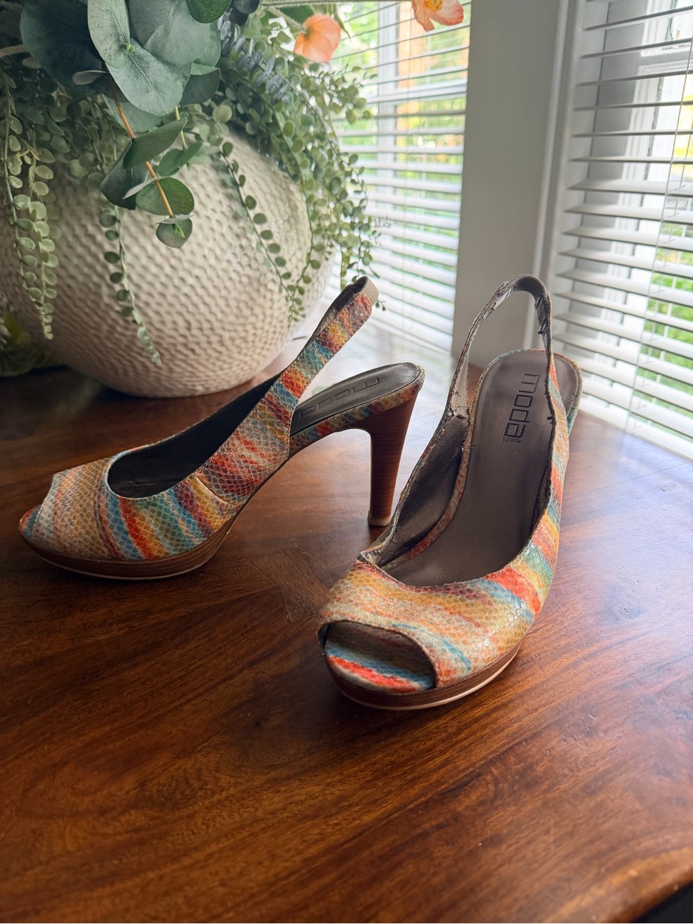 Moda Spana Multicolor Snakeskin Leather Platform Slingback Heels - Size 9.5